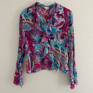 Alison Taylor Blouse Womens M Pink Blue Paisley Ruffle Peplum LS Vintage Y2K